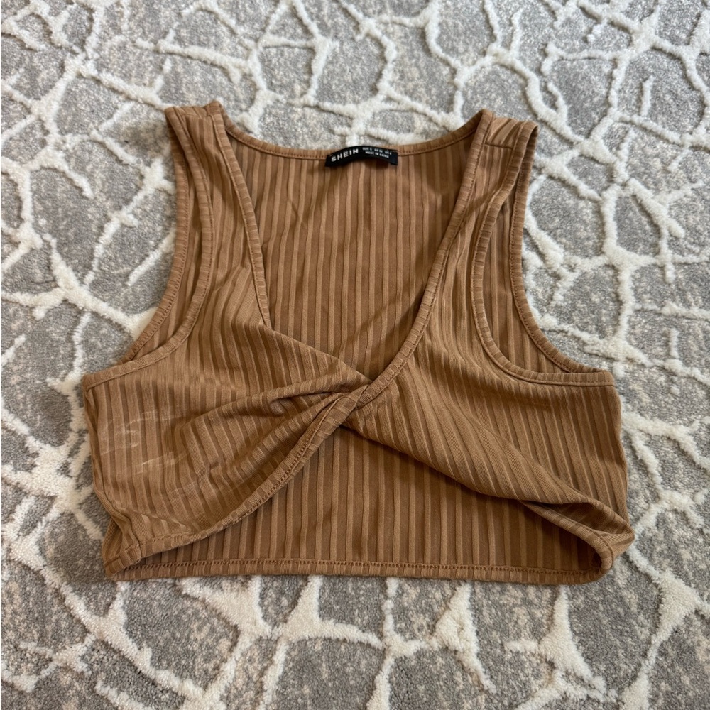 Brown Ribbed Twist Front Crop Top